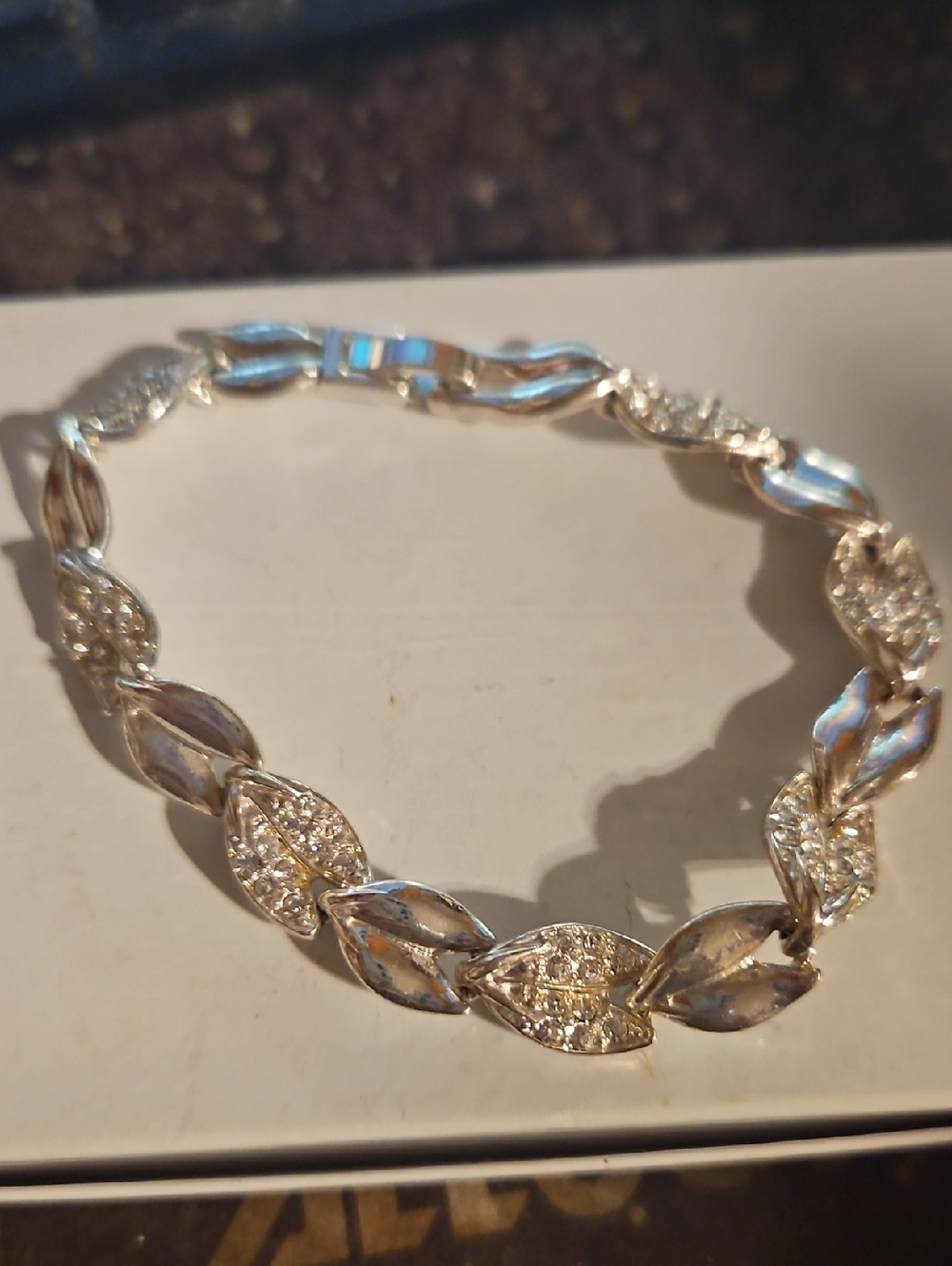 Silvertone Leaf Rhinestone Bracelet - Picture 2 of 3